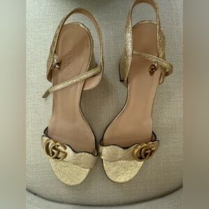 Gucci Women's Marmont High Block Heel Sandals, size 37.5, gold leathee
